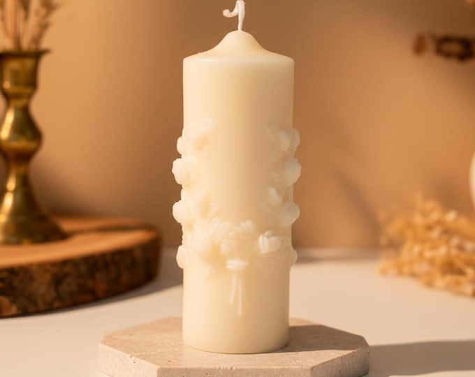 Floral Embossed Pillar Candle: Soy Wax Decorative Candle