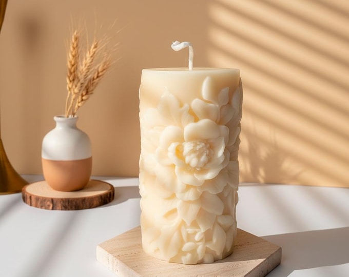 Hand-Poured Soy Pillar Candle: Majestic Peony Bloom, Floral Decor