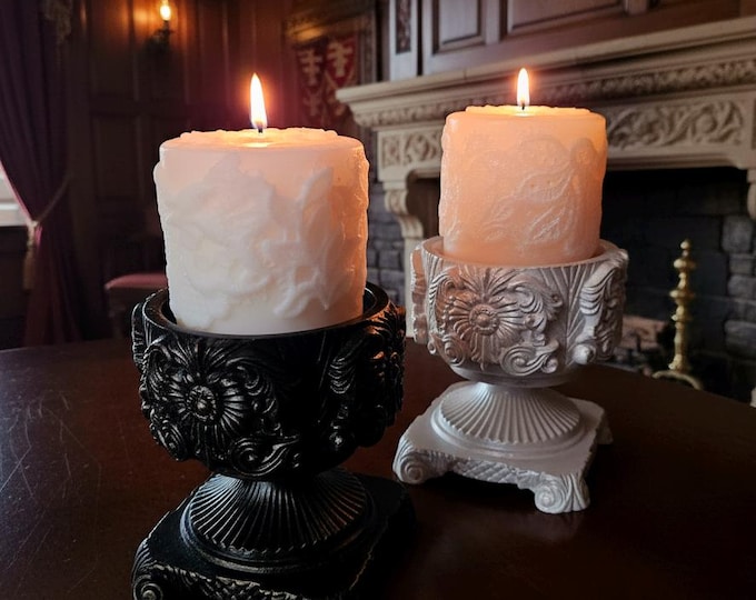 Floral Pillar Candle with Ornate Holder: Classic White or Antique Bronze