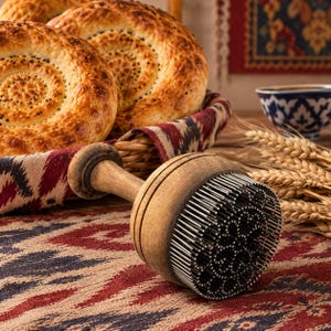 May include: A wooden bread stamp with a circular head featuring a dense array of metal pins arranged in a floral pattern, positioned in front of a woven basket containing round, golden-brown flatbreads topped with black sesame seeds.