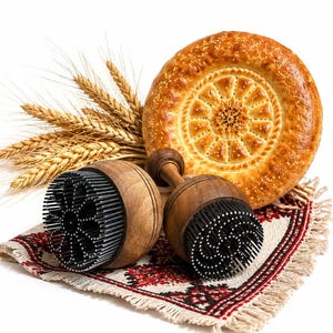Könnte beinhalten: Zwei hölzerne Brotstempel mit Metallstiften in Blumen- und Spiralmustern, neben einem runden, goldbraunen Fladenbrot mit Sesamsamen und einem Bündel getrockneter Weizenähren auf einem weißen Stoff mit roter Stickerei platziert.