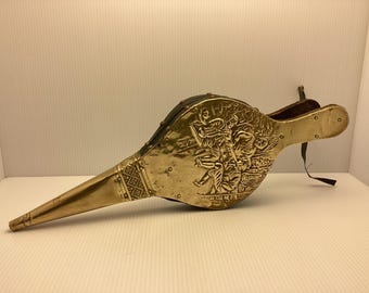 Vintage Fireplace Bellows Embossed Brass Design Antique