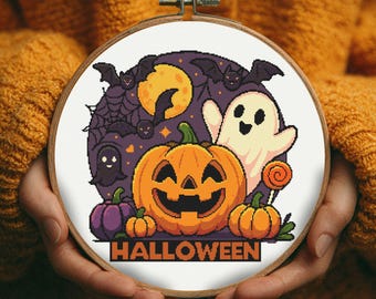 Halloween Pumpkin-Ghost Pattern – Halloween Cross Stitch Embroidery PDF, Bats, Moon, Candy, Fall Decor Chart