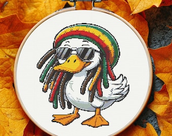 Rasta Duck Cross Stitch Pattern – Funny Cartoon Animal Design, Digital Embroidery PDF