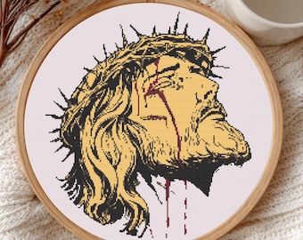 Jesus Cross Stitch Pattern – Sacred Art Embroidery Design, Religious Digital PDF, Crown of Thorns
