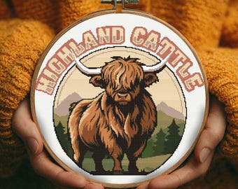 Highland Cattle / Highland Cow Cross Stitch Pattern – Rustic Farmhouse Wall Art Embroidery PDF