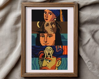 名画クロスステッチ図案 - モダンピクセルアートデザイン、デジタル刺繍PDF