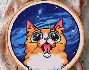 Space Cat Cross Stitch Pattern – Funny Galaxy Animal Design, Digital Embroidery PDF