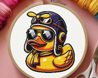 Duck Cross Stitch Pattern – Aviator Helmet Cartoon Design, Digital Embroidery PDF