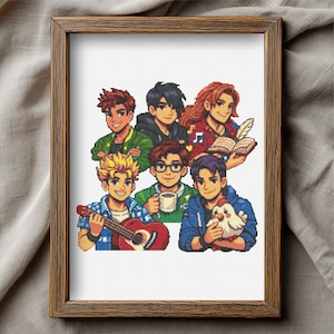 May include: A framed cross-stitch artwork featuring six cartoon characters. The characters are depicted with various accessories, including a guitar, a coffee mug, and a chicken. The artwork is set against a white background and framed in a brown wooden frame.