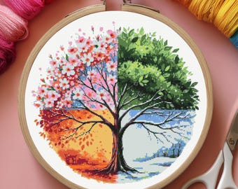Patrón de punto de cruz del árbol de las cuatro estaciones: bordado de árbol estacional en PDF, arte mural natural
