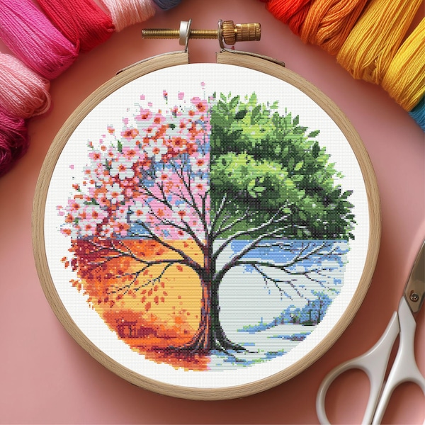 Four Seasons Tree Cross Stitch Pattern – Seasonal Tree Embroidery PDF, Nature Wall Art