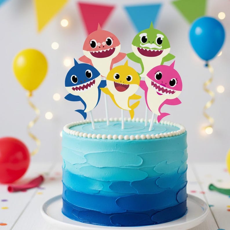 Op de afbeelding: Een blauwe ombre taart versierd met kleurrijke haaienthema toppers. De taart is versierd met vijf haai-uitsparingen in verschillende kleuren, waaronder roze, geel, blauw en groen. Ballonnen en feestvlaggen zijn op de achtergrond.