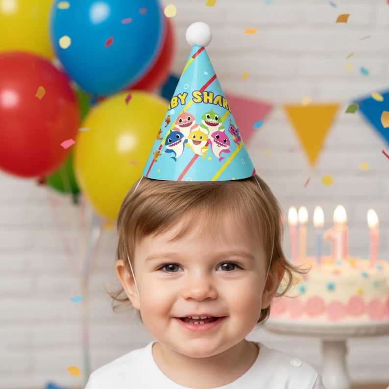 Op de afbeelding: Een lachend kind draagt een blauwe Baby Shark-verjaardagshoed met een witte pompon. De hoed heeft cartoonhaaien en de woorden "Baby Shark". Kleurrijke ballonnen en een verjaardagstaart met brandende kaarsen staan op de achtergrond.