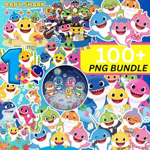 Op de afbeelding: Een kleurrijke digitale afbeelding met tal van cartoonhaaien in verschillende poses en outfits. De afbeelding bevat de tekst "BABY SHARK" en "100+ PNG BUNDLE". Haaien worden afgebeeld met muziekinstrumenten, feesthoeden en ruimtepakken.