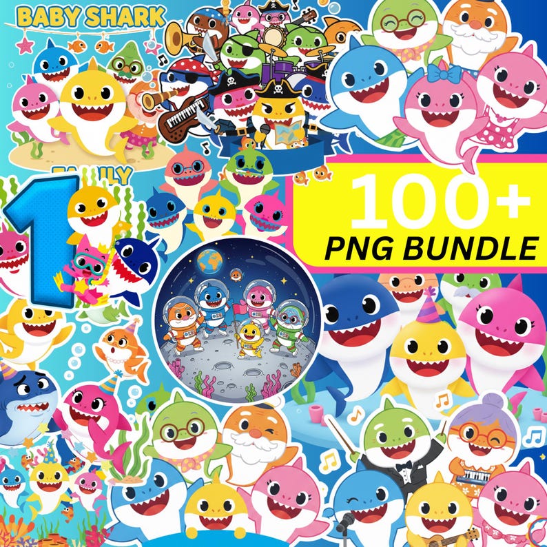 Op de afbeelding: Een kleurrijke digitale afbeelding met tal van cartoonhaaien in verschillende poses en outfits. De afbeelding bevat de tekst "BABY SHARK" en "100+ PNG BUNDLE". Haaien worden afgebeeld met muziekinstrumenten, feesthoeden en ruimtepakken.