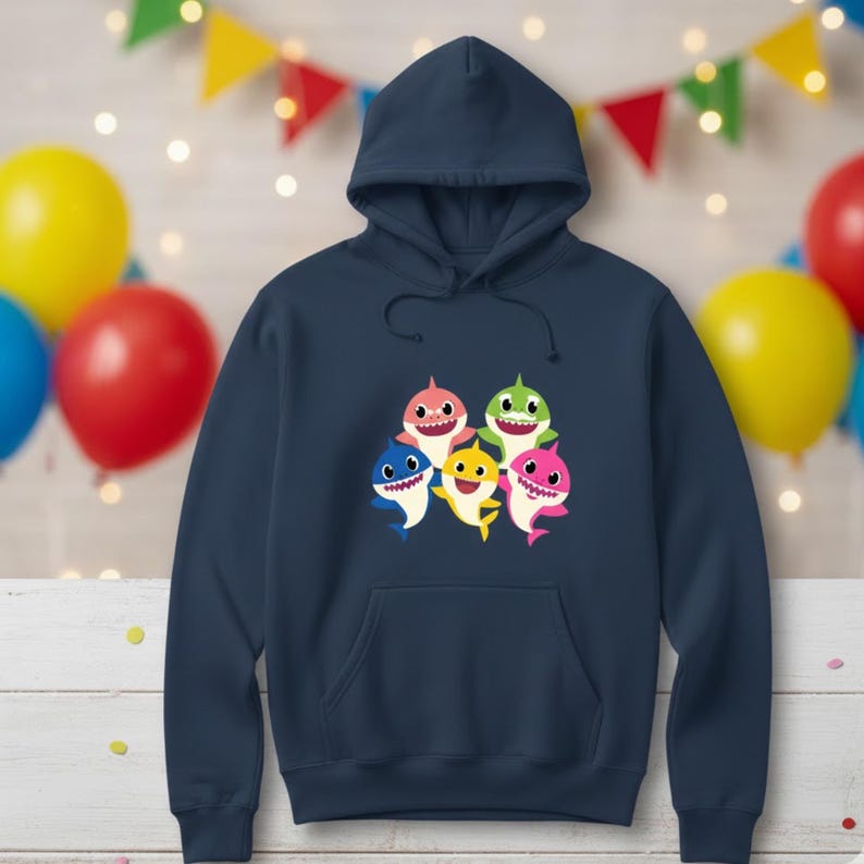 Op de afbeelding: Marineblauwe hoodie met een afbeelding van zes cartoon haaien in roze, geel, groen en blauw. De sweatshirt heeft een voorzak en een capuchon met trekkoord. De achtergrond bevat ballonnen en feestversieringen. Geschikt voor kinderen.