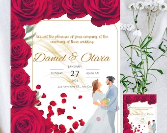 Conjunto de plantillas de invitación de boda en rojo, con flores burdeos y rosa polvoriento con marco dorado, conjunto de invitaciones imprimibles, tarjeta de detalles de RSVP editable