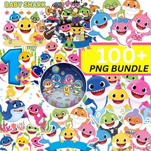 Op de afbeelding: Een kleurrijke digitale illustratie met tal van cartoonhaaien in verschillende poses en outfits. De afbeelding bevat de tekst "BABY SHARK" en "100+ PNG BUNDLE". Haaien worden afgebeeld met muziekinstrumenten, feesthoeden en ruimtepakken.