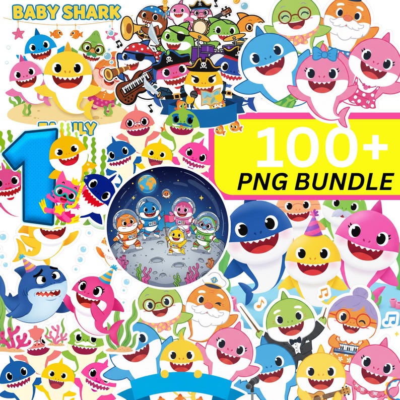 Op de afbeelding: Een kleurrijke digitale illustratie met tal van cartoonhaaien in verschillende poses en outfits. De afbeelding bevat de tekst "BABY SHARK" en "100+ PNG BUNDLE". Haaien worden afgebeeld met muziekinstrumenten, feesthoeden en ruimtepakken.