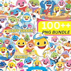May include: A collection of colorful Baby Shark PNG graphics. The image features various shark characters in different outfits and poses, with text that reads "Baby Shark Family" and "100++ PNG Bundle".