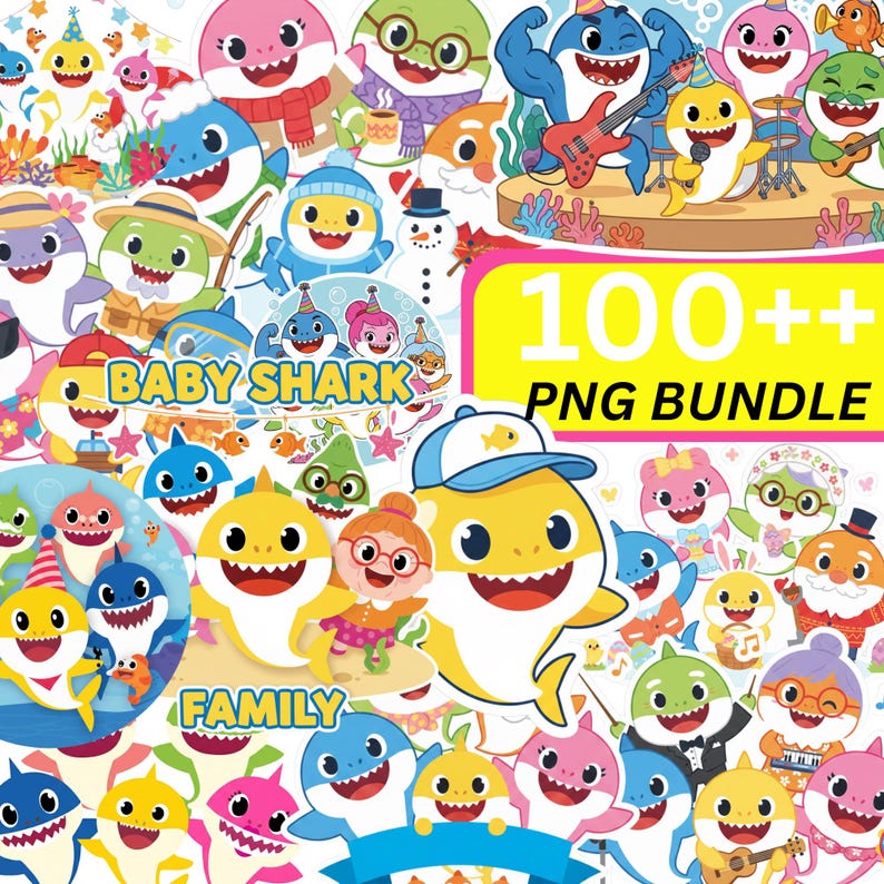Op de afbeelding: Een verzameling kleurrijke Baby Shark PNG-afbeeldingen. De afbeelding toont verschillende haaienpersonages in verschillende outfits en poses, met de tekst "Baby Shark Family" en "100++ PNG Bundle".