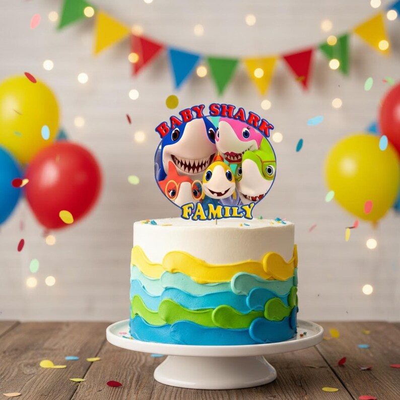 Op de afbeelding: Een versierde taart met een Baby Shark Family-taarttopper, met blauwe, gele en groene frosting. Rode en gele ballonnen op de achtergrond, samen met een kleurrijke banner en confetti.