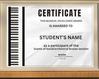 Bewerkbaar pianocertificaat, muziekprijs (digitale download)