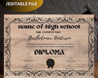 Plantilla de diploma de secundaria editable: Plantilla de certificado de graduación de secundaria imprimible para educación en casa, personalizable en Canva.