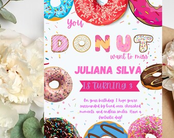 Invitación de cumpleaños de onut, invitación editable para una dulce fiesta de celebración, plantilla que no querrás perderte, descarga instantánea de Evite para niñas preadolescentes