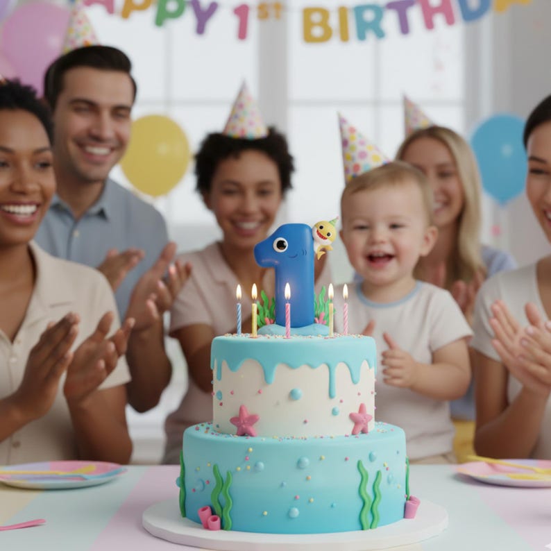 Op de afbeelding: Een verjaardagstaart met twee lagen met blauwe glazuur, versierd met een blauwe cijfer &eacute;&eacute;n, zeesterren en kaarsen. De taart is het middelpunt van een eerste verjaardag, met een banner met de tekst "Happy 1st Birthday".