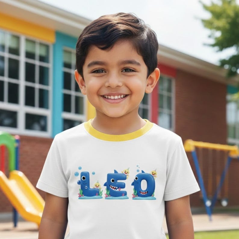 Op de afbeelding: Een wit T-shirt met een gele kraag met de naam "LEO" in blauwe letters met haaien thema. Het ontwerp bevat bellen en kleine gele haaienfiguren. Het T-shirt wordt gedragen door een lachend kind.
