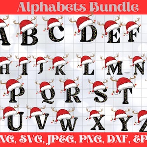 May include: A festive alphabet bundle featuring letters A through Z, each adorned with a Santa hat and reindeer antlers. The black letters are decorated with small gold stars. The image includes the text "Alphabets Bundle" and file type options.