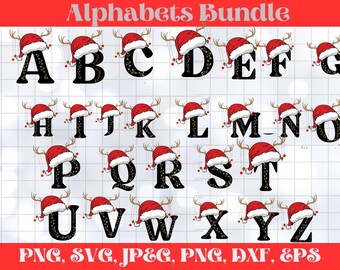 Alfabeto navideño SVG, letras y números con gorro de Papá Noel, letras de la A a la Z en SVG para Cricut, Silhouette Cameo, PNG para sublimación, nombre de familia, fuente navideña