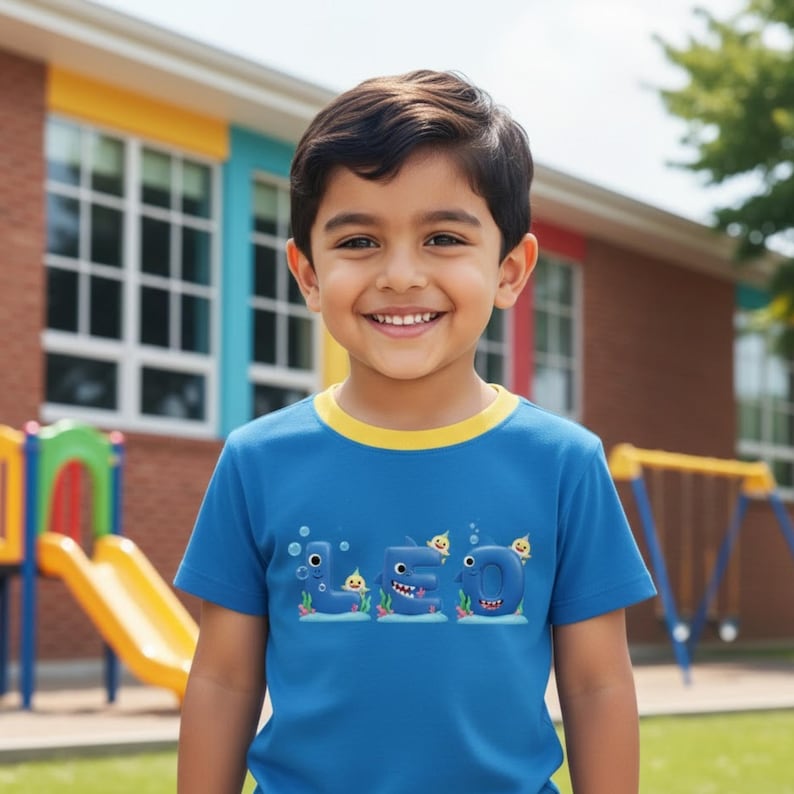 Op de afbeelding: Een kind draagt een blauw t-shirt met een gele kraag. Het shirt toont het woord "Sea" in een cartoonstijl, waarbij elke letter is ontworpen als een zeedier. De achtergrond omvat een schoolgebouw en een speeltuin.