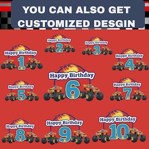 Puede incluir: Fondo rojo con varios diseños temáticos de cumpleaños. Cada diseño presenta un camión monstruo con un número del 1 al 10, acompañado del texto "Happy Birthday". El banner superior dice "YOU CAN ALSO GET CUSTOMIZED DESGIN".