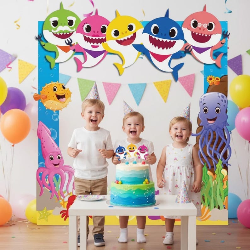 Op de afbeelding: Een verjaardagssc&egrave;ne met drie kinderen, een taart en haai-thema decoraties. De taart is blauw en groen met haai-toppers. Kleurrijke ballonnen en zeedier-uitsparingen maken de feestelijke setting compleet.