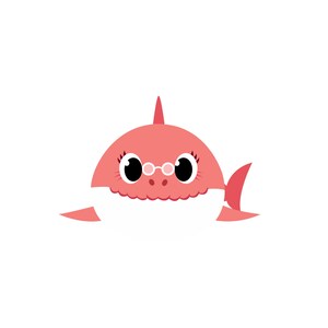 Op de afbeelding: Een cartoon illustratie van een roze haai met grote zwarte ogen, met een kleine ronde bril. De haai heeft een witte buik en een rode rugvin. De afbeelding staat tegen een witte achtergrond.