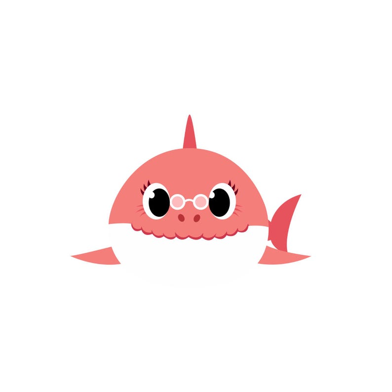 Op de afbeelding: Een cartoon illustratie van een roze haai met grote zwarte ogen, met een kleine ronde bril. De haai heeft een witte buik en een rode rugvin. De afbeelding staat tegen een witte achtergrond.