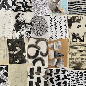 Confezione n. 369 Selezione di 28 fogli di carta per collage stampati e dipinti in bianco e nero, formato A5 UK.