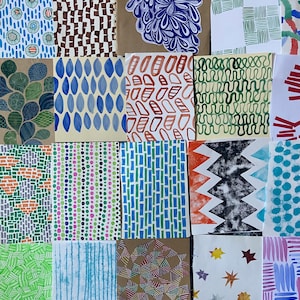 May include: A selection of abstract art pieces with diverse patterns. The designs include dots, lines, and organic shapes in a variety of colours. The palette includes blues, greens, browns, and reds, creating a vibrant and diverse display of artistic expression.