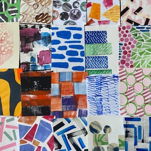 May include: A grid of abstract art prints with diverse patterns. The designs include brushstrokes, geometric shapes, and organic forms. The colour palette features green, brown, blue, orange, pink, and black, creating a vibrant collection.