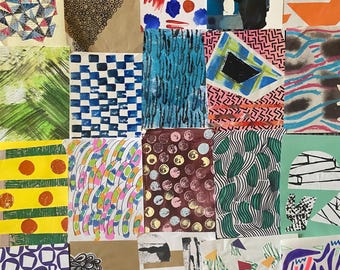 May include: A collection of colorful abstract art pieces. The artwork features various patterns, including geometric shapes, brushstrokes, and polka dots. The color palette includes blue, green, yellow, orange, and pink.