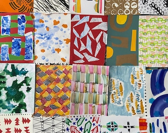 May include: A collection of colorful abstract art cards. Each card features unique patterns and designs, including stripes, geometric shapes, and organic forms. The color palette includes orange, red, green, blue, and brown. The cards are arranged in a grid.