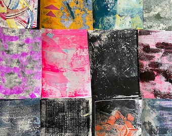 May include: A collection of abstract art pieces with various textures and colors. The pieces feature a mix of bold colors like yellow, pink, and blue, with some having geometric patterns and others with more organic, brushstroke-like designs.