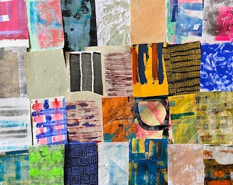 May include: A collection of 25 small, colorful abstract paintings on paper. The paintings are arranged in a grid pattern and feature a variety of textures and colors, including blue, green, red, yellow, and orange.