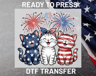 Patriotic Cats DTF Transfer Ready to Press, 4th of July Fireworks, USA Flag Cute Kitten Summer Iron On Transfers