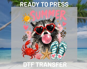 Summer Raccoon DTF Transfer Ready to Press, Beach Crab Starfish Heat Transfer, Cute Animal Flip Flop Iron On Prints DIY