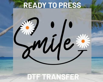 Smile Daisy DTF Transfer Ready to Press, Cute Flower Smiley Face Heat Transfer, Retro Script Iron On Transfres for DIY