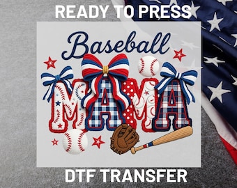 Baseball Mama DTF Transfer Ready to Press, Patriotic Sports Mom Heat Transfer, Coquette Bow Game Day Shirt Patchwork Design